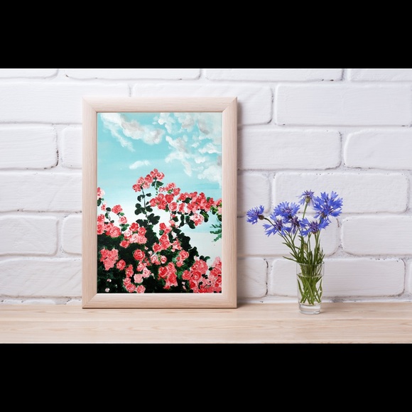 Original handmade acrylic painting of rose garden on stretched canvas - Picture 1 of 4